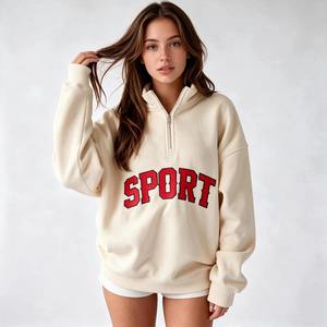 <b>Women's</b> Oversized <b>Quarter</b>-<b>Zip</b> Knitted Eco-Friendly Sweatshirt Red Sport Letter Print Fleece Long Sleeve Stand Collar Spring - Product Image 1