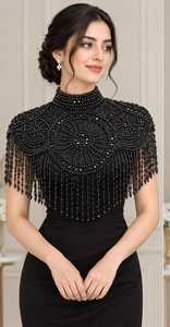 Black Beaded <b>Fringe</b> Capelet Wedding <b>Jacket</b> Wrap hand Embroidery - Product Image 5