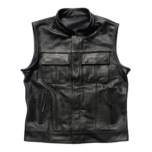 Gilet en cuir pleine fleur véritable pour homme, couleur personnalisée, col rond, respirant, pour motards, vêtement d'extérieur d'automne - Product Image 4