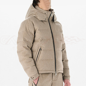 Women's Beige Hooded Puffer Jacket Canvas Stand <b>Fur</b> <b>Trim</b> Windproof Thick Polyester Winter Coat Regular Fit Zipper Closure Formal - Product Image 2