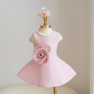 Robe de soirée sans manches pour filles, coupe trapèze, avec col rond perlé et élégante décoration florale 3D à la taille, idéale pour les occasions spéciales - Product Image 5