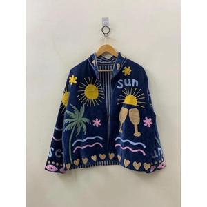 Veste en velours brodée unique très demandée pour femme, manches longues, col montant, style vacances d'été, fermeture classique, longueur standard - Product Image 1