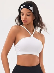 Women Cross Halter Neck Sports <b>Bra</b> High Neck Ribbed Seamless Workout Bralette Removable Padded <b>Open</b> Back Fitness Crop Top - Product Image 5