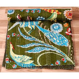 Couvre-lit Rajasthani fait main en Kantha, 100% coton, imprimé à la main, motif floral, poids du tissu 220g, origine Rajasthan - Product Image 4