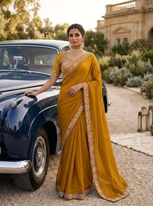 Chemisier de sari sans plis en soie, orné de broderies et de sequins, idéal pour les fêtes, le Diwali et les mariages - Product Image 2
