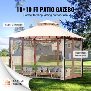 Gazebo da Giardino 3x3 Metri per 6-8 Persone, Struttura in Metallo con Rivestimento in PU, Tenda in Poliestere 180G, Zanzariera per Esterni, Pergola per Cortile - Product Image 6