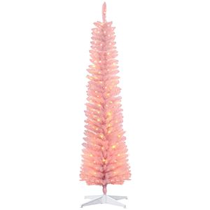 Albero di Natale Artificiale Preilluminato da 2,1 m Stile Pencil con Luci LED Colorate e Rami Rosa per Uso Domestico - Product Image 1