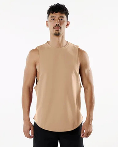 Camiseta sin mangas personalizada para hombre con corte bajo en el hombro, al por mayor, color tostado, de algodón, estilo musculoso, con bajo curvo, estilo urbano, sin mangas - Product Image 3