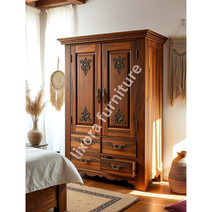 Luxury Handcrafted Solid Wood 2 Door <b>Wardrobe</b> with 4 Lower Drawers Ornate Carving Natural Finish - Product Image 5