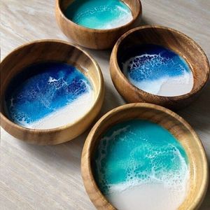 Handmade Wooden Yarn Bowl With Shell Inlay Blue <b>Wool</b> Knitting Accessory Minimalist Design For <b>Crafting</b> Gifting Decor Bowl Set - Product Image 3