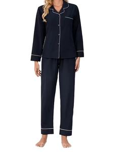 Pijamas de Invierno para Mujer, Primavera/Otoño, Manga Larga, Color Azul Marino Sólido, Cuello Camisero, Nuevo Conjunto Holgado para Estar en Casa, Talla Grande - Product Image 3