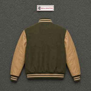 Chaqueta Varsity Premium de Lana de Oliva con Mangas de Cuero Beige, Chaqueta Bomber de Béisbol Personalizada con Letras para Hombre y Mujer, Venta al Por Mayor - Product Image 6