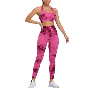 Pink <b>Tie</b> Dye Sport Bra And Leggings Set High Waist Full Length Knitted Spandex Polyester Breathable Quick Dry Women's Activewear - Product Image 1