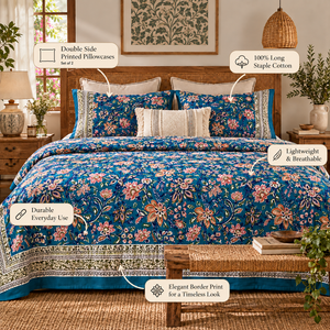 Ensemble de literie King Size de luxe de haute qualité 220 TC fait à la main drap de lit floral complexe imprimé en bloc en bleu foncé 108 "X108" - Product Image 5