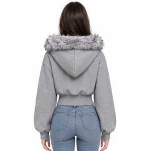 Women's Gray Hooded Zip-Up Sweatshirt With Faux <b>Fur</b> <b>Trim</b> And Pom Poms Short Length Knitted Casual <b>Top</b> - Product Image 3