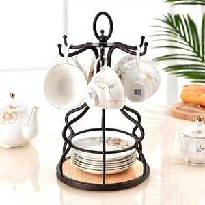 Iron Coffee Cup Holder with Spoon Slots and Saucer Rack 6 <b>Hook</b> Mug Stand Kitchen Countertop Storage Tea Set <b>Display</b> Organizer - Product Image 5