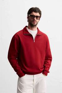 Customized Men's Pure Cotton Stand Collar Quarter Zip Sweatshirts Classic Red Long Sleeve Ribbed Cuff Relaxed Fit Sweatshirts - Product Image 2