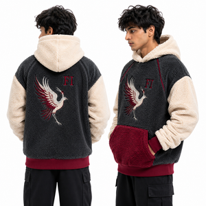 Sweat-shirt à capuche en polaire pour hommes, personnalisé avec logo brodé d'oiseau, manches raglan, coupe oversize, décontracté, pour l'hiver, avec poche avant, vente en gros - Product Image 3