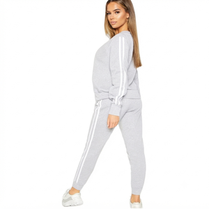 Women's Gray Tracksuit With <b>White</b> Stripes Full Sleeve Crew Neck Casual Sweatshirt And <b>Joggers</b> Set Regular Fit Autumn Wear - Product Image 1