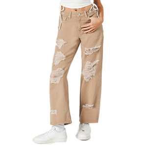 Jean en denim déchiré décontracté avec perles, effet vieilli, coupe oversize, ultra-doux, respirant, écologique, pour femme, ample, en tissu de qualité supérieure - Product Image 1