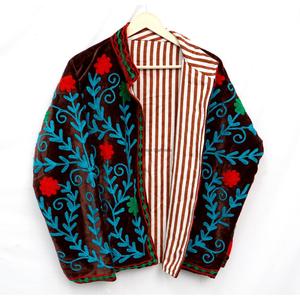Veste en velours brodée de fleurs, col mandarin, manteau court, écologique, respirant, réversible, anti-rides, unisexe - Product Image 3