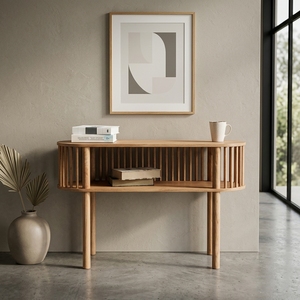 Solid <b>Wood</b> Living Room Cabinets Mid Century Modern Slatted Sideboard Oval Storage Credenza Handmade Wooden Entryway Console <b>Unit</b> - Product Image 2