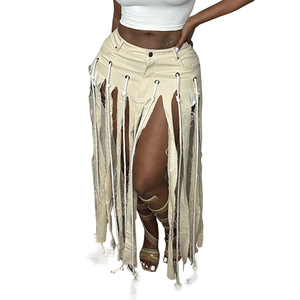 Jupes longues en coton pour femmes, prêtes à être expédiées, nouvelle collection été, style déchiré avec franges, jupes blanches de créateur pour femmes 2026 - Product Image 1