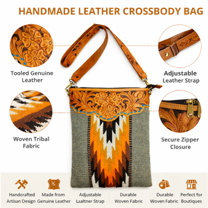 Bolso Bandolera de Cuero Genuino Hecho a Mano, Estilo Boho Vintage para Mujer, con Correa Ajustable de Lona con Patrón Geométrico - Product Image 6