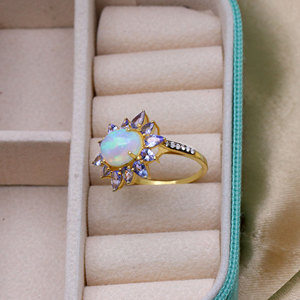 925 Sterling Silver Natural <b>Opal</b> Tanzanite & Diamond <b>Ring</b> for Women <b>Gold</b> Plated Vintage Cocktail Statement Fine Jewelry Gift - Product Image 4