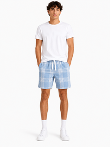 Men’s <b>Light</b> Blue Plaid Shorts Casual Summer Shorts Relaxed Fit Drawstring Waist Shorts Lightweight Cotton Blend <b>Lounge</b> Shorts - Product Image 3