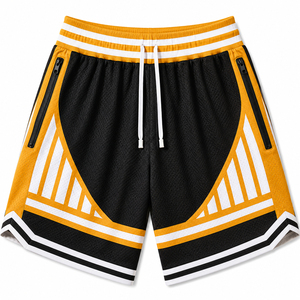 Shorts de basket-ball noirs et jaunes de qualité supérieure avec des rayures blanches audacieuses, taille à cordon de serrage et poches latérales, présentés dans une photo de studio impeccable. - Product Image 5