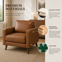 Fauteuil de détente en cuir cognac de style Mid-Century Modern avec pieds en bois écologiques pour salon, chambre, chaise longue, maison, hall d'hôtel