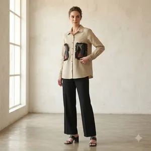 Chemise en coton beige brodée pour femmes, manches longues, décontractée, boutonnée, style bohème, tunique tendance - Product Image 2