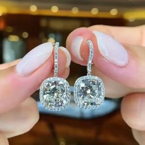 925 Moissanite Special Halo Design Cushion Cut Women's <b>Earrings</b> in White Gold Plated Drop <b>Diamond</b> <b>Earrings</b> for Women's - Product Image 2