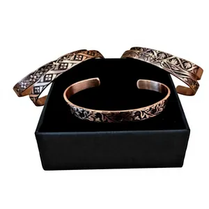 Pure Copper Vintage <b>Engraved</b> Floral Vine Open Cuff <b>Bangle</b> Bracelet Set Handcrafted Antique Filigree Leaf Carved Solid Copper - Product Image 3