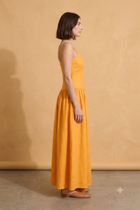 <b>Womens</b> <b>Yellow</b> Linen Maxi <b>Dress</b> Straight Neck Adjustable Spaghetti Straps Fitted Bodice Gathered Skirt Summer <b>Dress</b> - Product Image 2