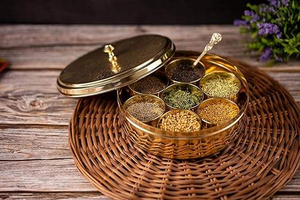 Luxury Brass Spice <b>Box</b> Handcrafted Brass Spice <b>Box</b> With 7 Container Antique Masala <b>Box</b> From India BY HF CRAFTS - Product Image 3