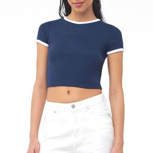Women's Navy Blue <b>Crop</b> <b>Top</b> Short Sleeve O-Neck Solid Color Knitted Casual T-Shirt Spring Summer Slim Fit - Product Image 1