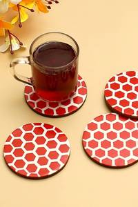 <b>Round</b> Wooden Coaster <b>Set</b> With Geometric Flower Design Black White Brown Modern <b>Table</b> Mats Non Slip 7 Mm Thickness - Product Image 6