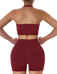 Ensemble 2 pièces : Soutien-gorge de sport dos nu et short taille haute froncé, sans couture, couleur unie, pour le yoga et l'entraînement - Product Image 6