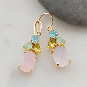 ต่างหูอัญมณีแกะสลักสไตล์วินเทจคลาสสิกบุษราคัมสีฟ้าพลอยสีชมพูคาลซิโดนีของขวัญแต่งงาน - Product Image 2