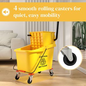 Seau à serpillière jaune de 38 litres avec poignée et essoreuse à pression sur roulettes, chariot de nettoyage en plastique PP - Product Image 6