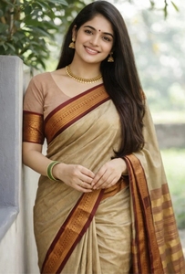 Sari traditionnel en coton et soie KV Maheshwari (beige) pour les occasions de fête - Réversible et infroissable - Product Image 5