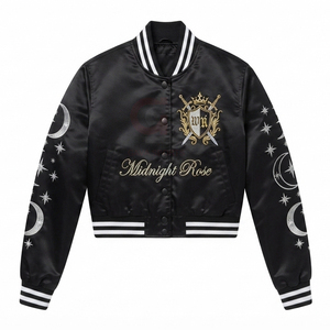 Custom <b>Women</b>’s Fashion Letterman satin Varsity Jacket Long Sleeve Turn-down <b>Collar</b> Button Closure Winter Crop Varsity Jacket - Product Image 6