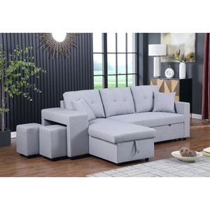 Dennis 93 tessuto di lino reversibile con cuccetta sezionale grigio chiaro con Chaise portaoggetti e 2 sgabelli per divani soggiorno - Product Image 3