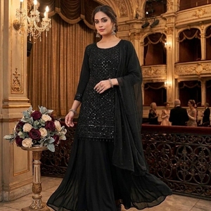 Designer Georgette Kurti with Beads <b>Sequins</b> Embroidery Work Palazzo Set-Modern Ethnic Outfit for Women <b>Party</b> Wear - Product Image 2