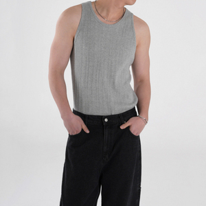 Débardeur côtelé noir pour homme, col rond, sans manches, style décontracté, couleur unie, en coton, coupe ajustée - Product Image 2