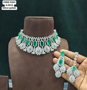 Luxury <b>Silver</b> Polish Ruby Emerald American <b>Choker</b> Necklace Set with Earrings & Maang Tikka Bridal Wedding Jewelry Set for Women - Product Image 5