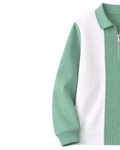 Sudadera Polo Personalizada para Hombre, Verde Menta y Blanca, con Cierre de Cremallera de un Cuarto, Paneles Acanalados, Estilo Casual, Forro Polar, Manga Larga, Ropa Urbana - Product Image 3