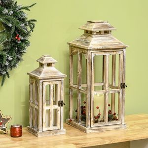 Lot de 2 lanternes rustiques en bois décoratives 28'/20' Grandes décorations intérieures/extérieures pour la maison Porte-bougies en bois naturel (sans verre) - Product Image 2